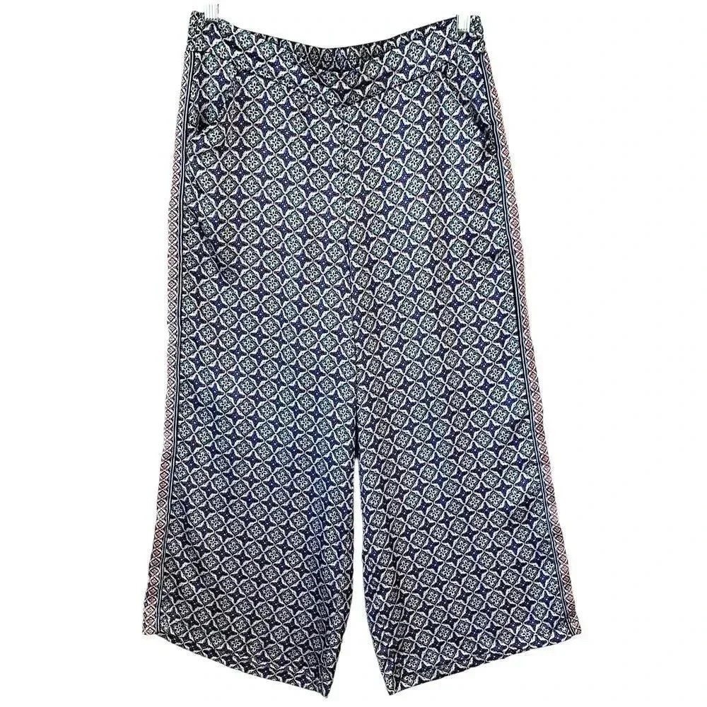 Max Studio Cropped Geometric Wide Leg Lightweight Pants Size L Bohemian Pull On